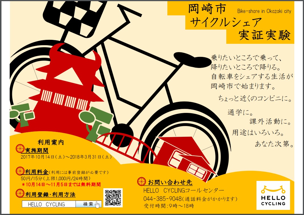 サイクルシェア 実証実験開始！ ソフトバンクグループの「hello Cycling」を活用 岡崎市 100k